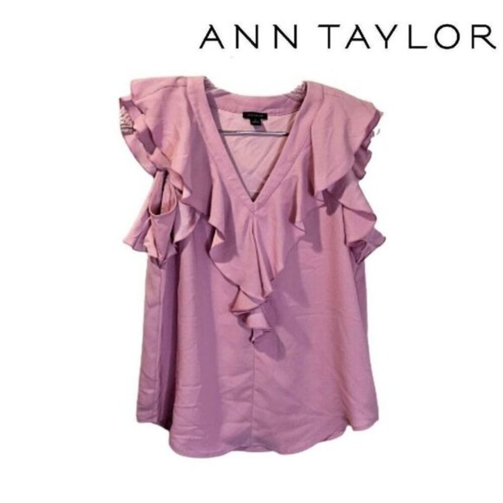 Ann Taylor Ruffle‎ Trim V-Neck Flounce 100% SILK Sleeveless Women's  Blouse